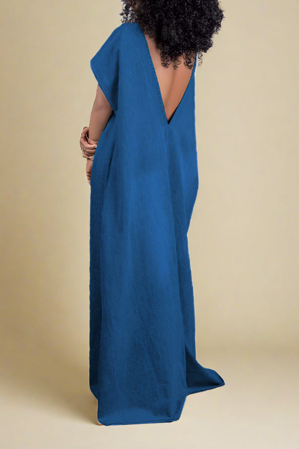 Denim V-Cut Back Maxi Dress Lavish Daily