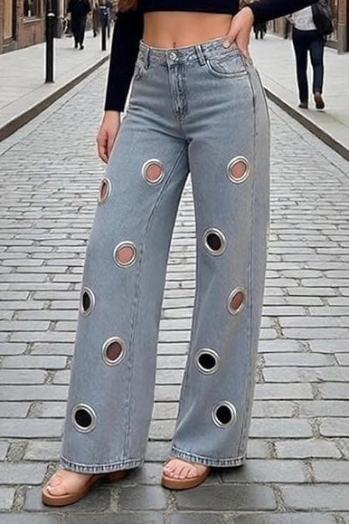 Oversized Grommet Cutout Wide Leg Jeans Lavish Daily