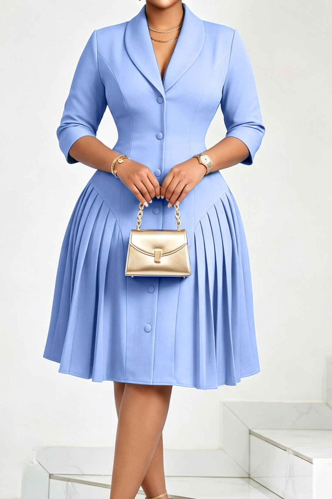 Pleated Button Front Blazer Midi Dress Lavish Daily
