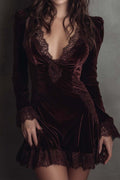 Velvet & Lace Patchwork V-Neck Mini Dress Lavish Daily