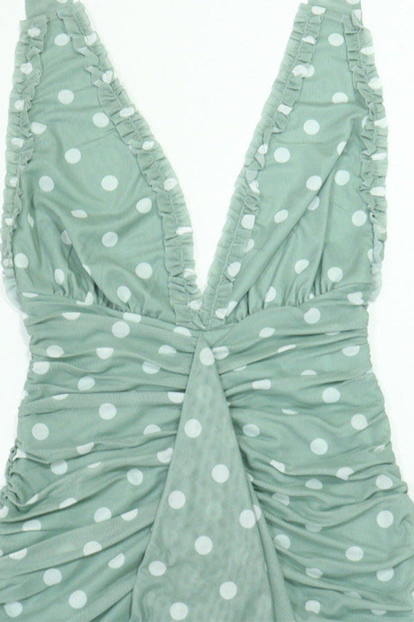 Plunging Halter Ruched Ruffle Maxi Dress Lavish Daily