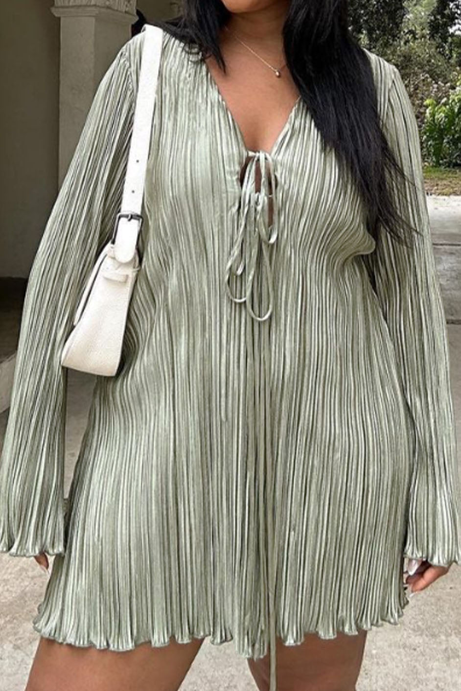 Plus Size Pleated Tie-Front Mini Dress Lavish Daily
