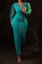 Rhinestone V-Neck Puff Sleeve Maxi Dress Lavish Daily