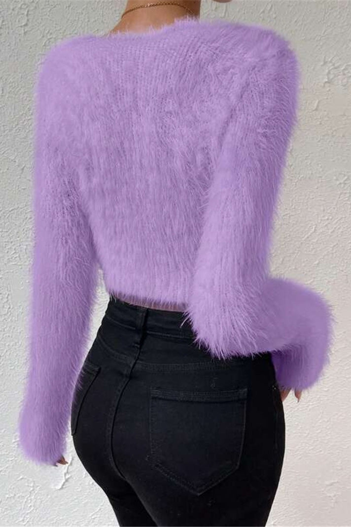 V Neck Slim Plush Short Sweater LavishDaily