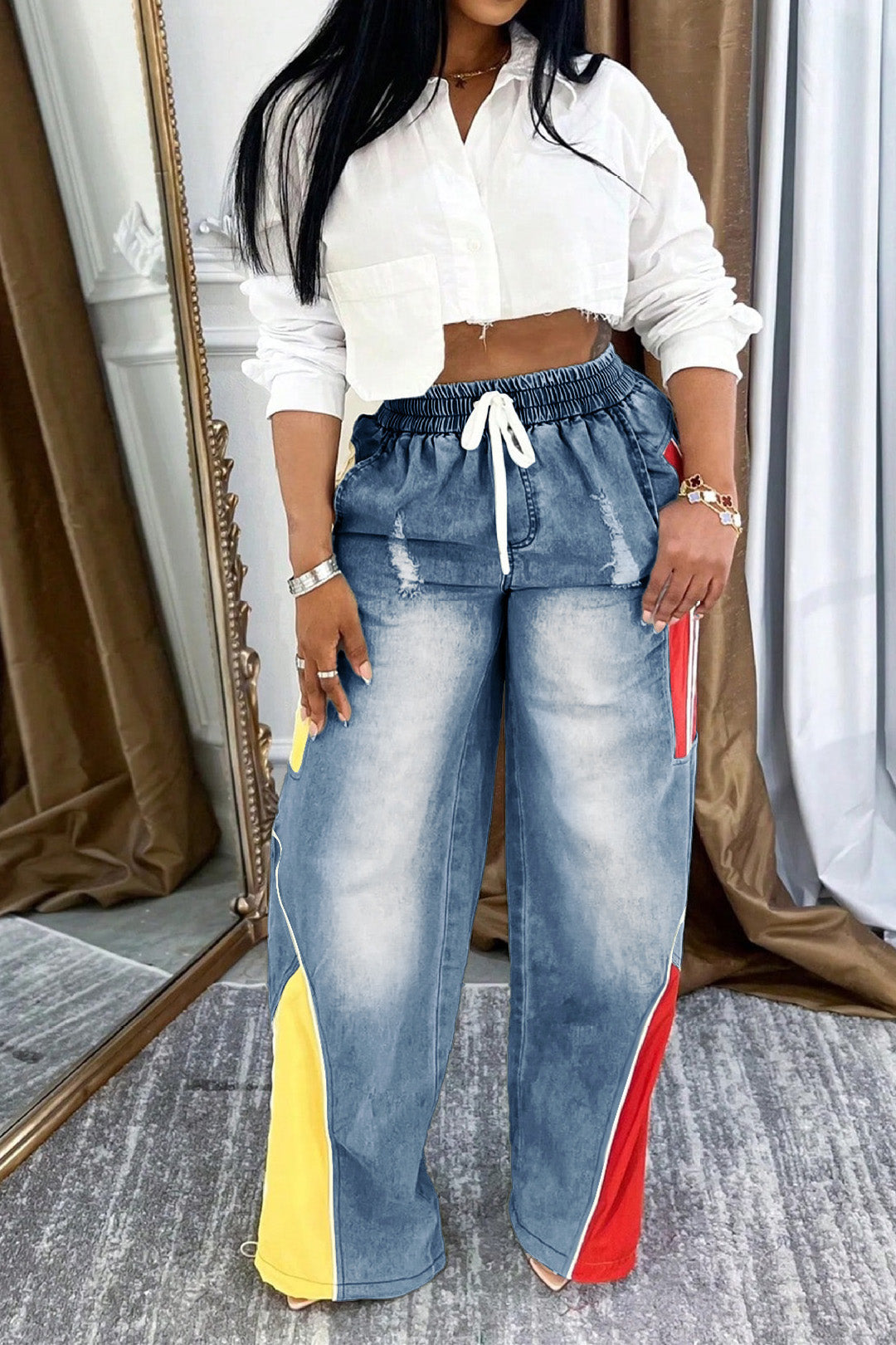 Colorblock Gradient Straight-Leg Denim Pants Lavish Daily