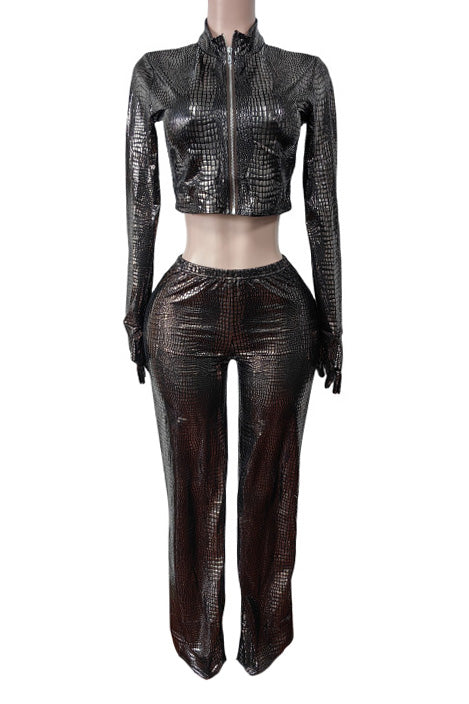 Zip-Front Faux Leather Jacket & Pants Set Lavish Daily