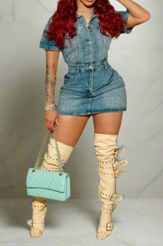 Short Sleeve Denim Mini Dress Lavish Daily
