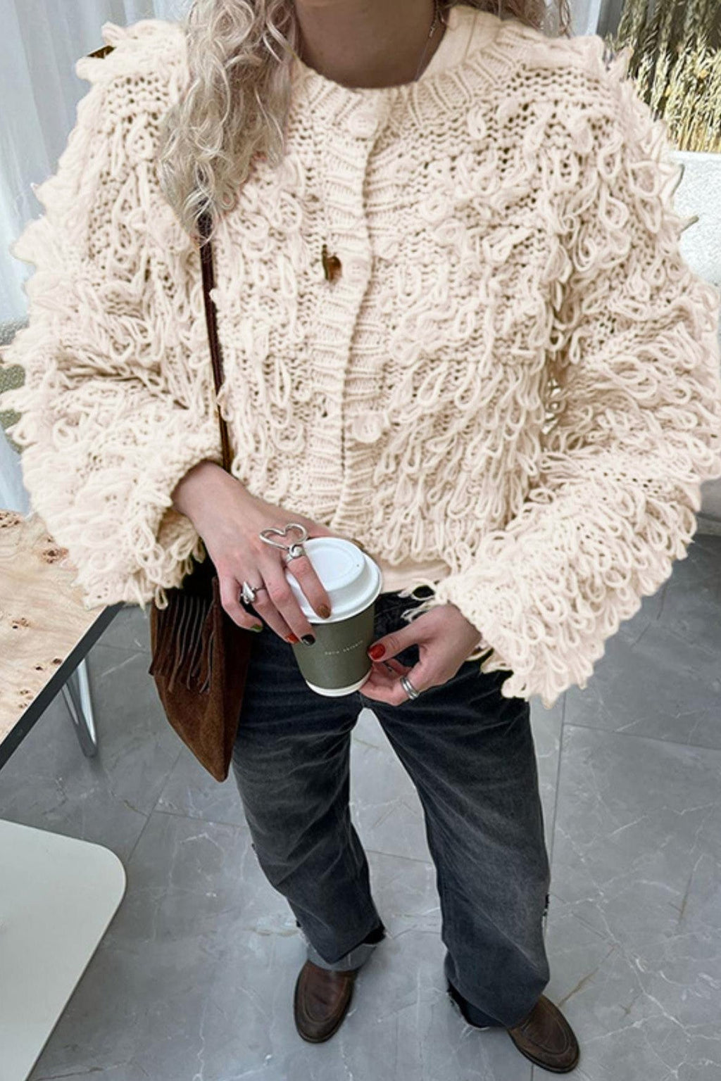 Fringe Button-Up Knitted Cardigan Jacket Lavish Daily