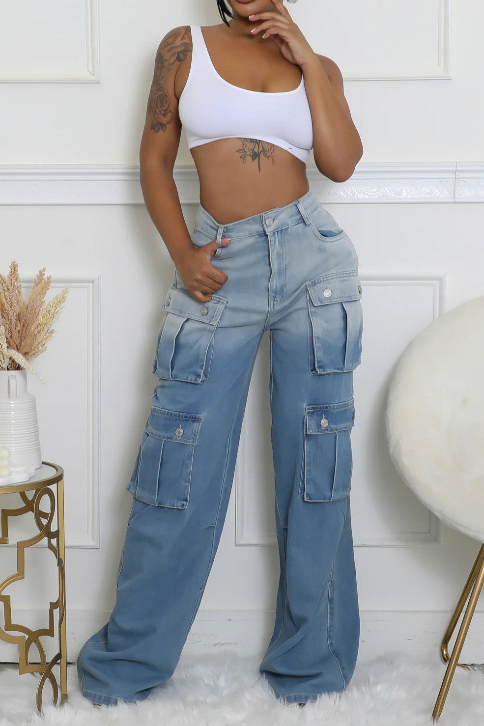 Casual Multi-Pocket Ombre Wide-Leg Jeans Lavish Daily