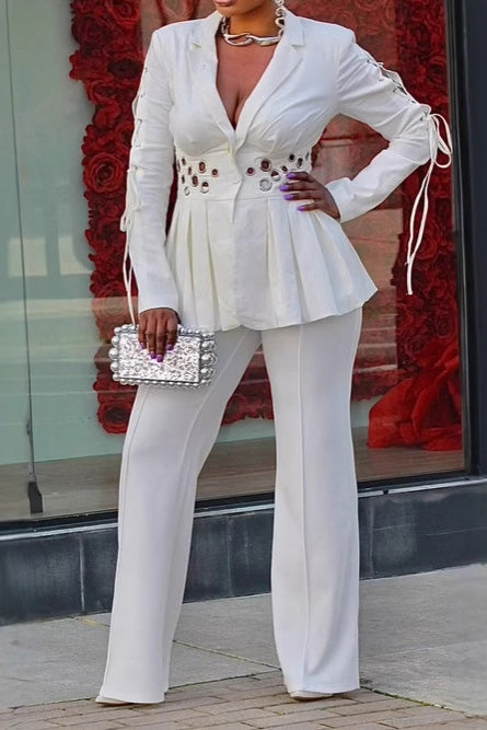 Slim Fit Eyelet Lace-Up Blazer Set Lavish Daily