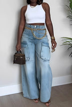 High-Rise Cargo Wide-Leg Utility Denim Jeans Lavish Daily