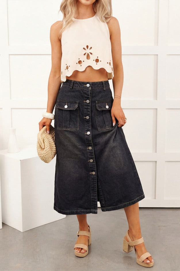 Button Front Cargo Denim Midi Skirt LavishDaily
