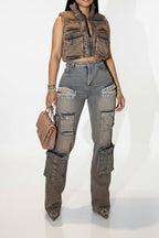 Rhinestone Embellished Denim Cargo Pants Lavish Daily