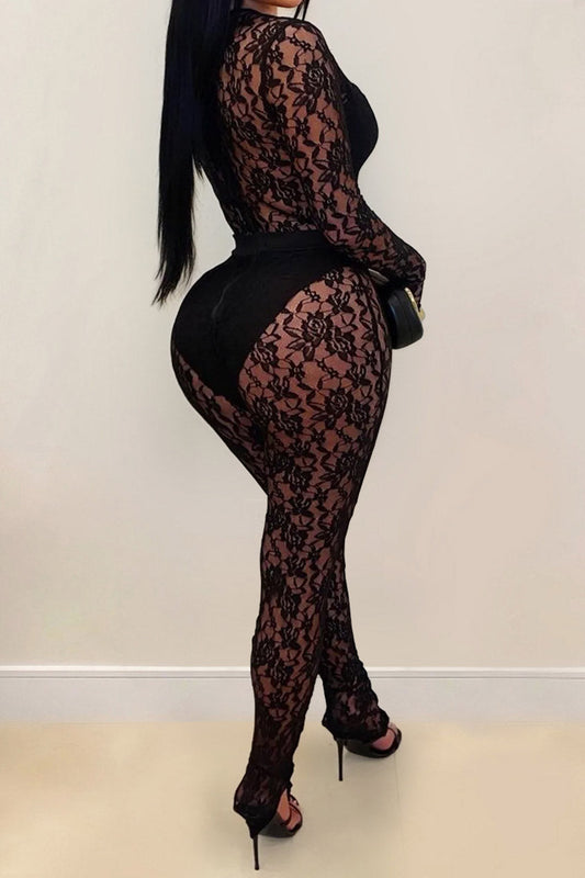 Sheer Lace Long-Sleeve Cutout Jumpsuit Lavish Daily