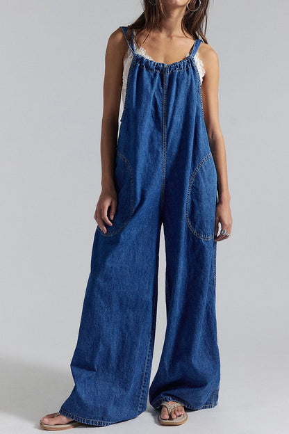Slouchy Tie-Back Wide Leg Denim Jumpsuit Lavish Daily