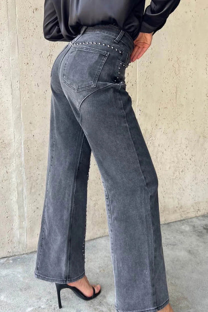 Studded Curved Seam High Waist Wide Leg Jeans Lavish Daily