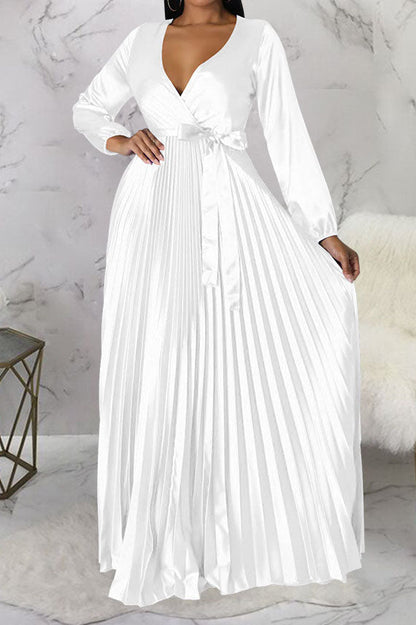 Faux Silk Pleated Tie-Waist Maxi Dress Lavish Daily