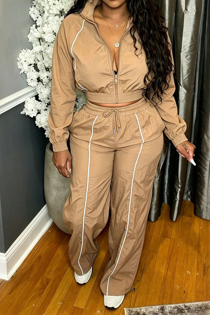 Zip-Front Piped Top & Wide-Leg Pants Set Lavish Daily