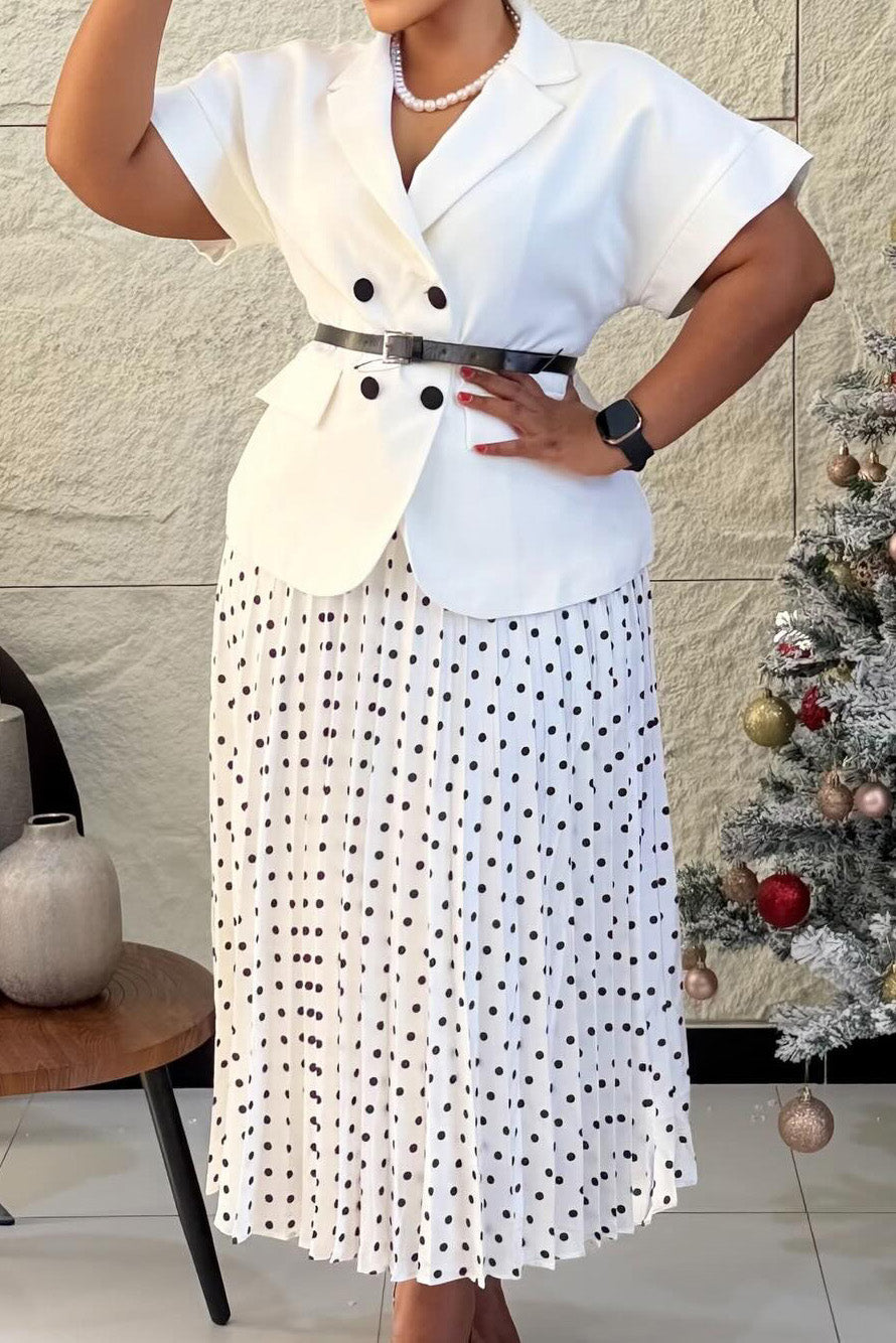 Belted Blazer & Pleated Polka Dot Skirt Set Lavish Daily