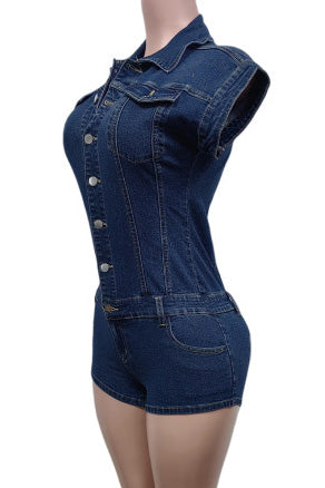 Fitted Denim Button Short Jumpsuit Romper Lavish Daily