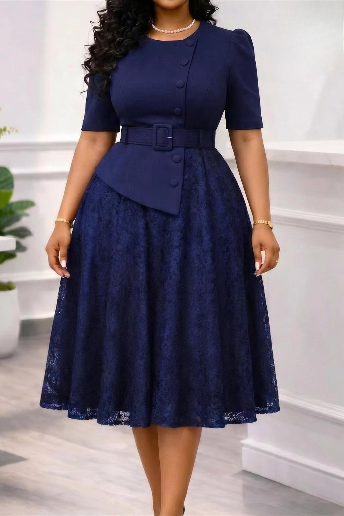 Asymmetrical Button Belted Lace Midi Dress Lavish Daily