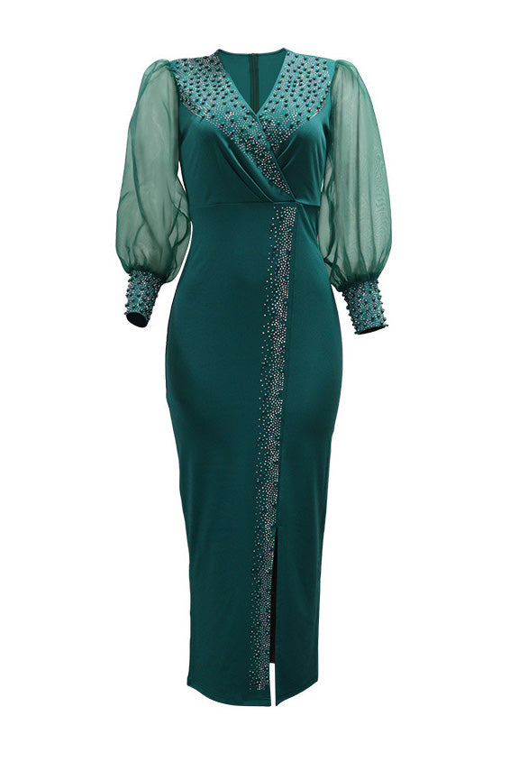 Rhinestone V-Neck Puff Sleeve Maxi Dress Lavish Daily