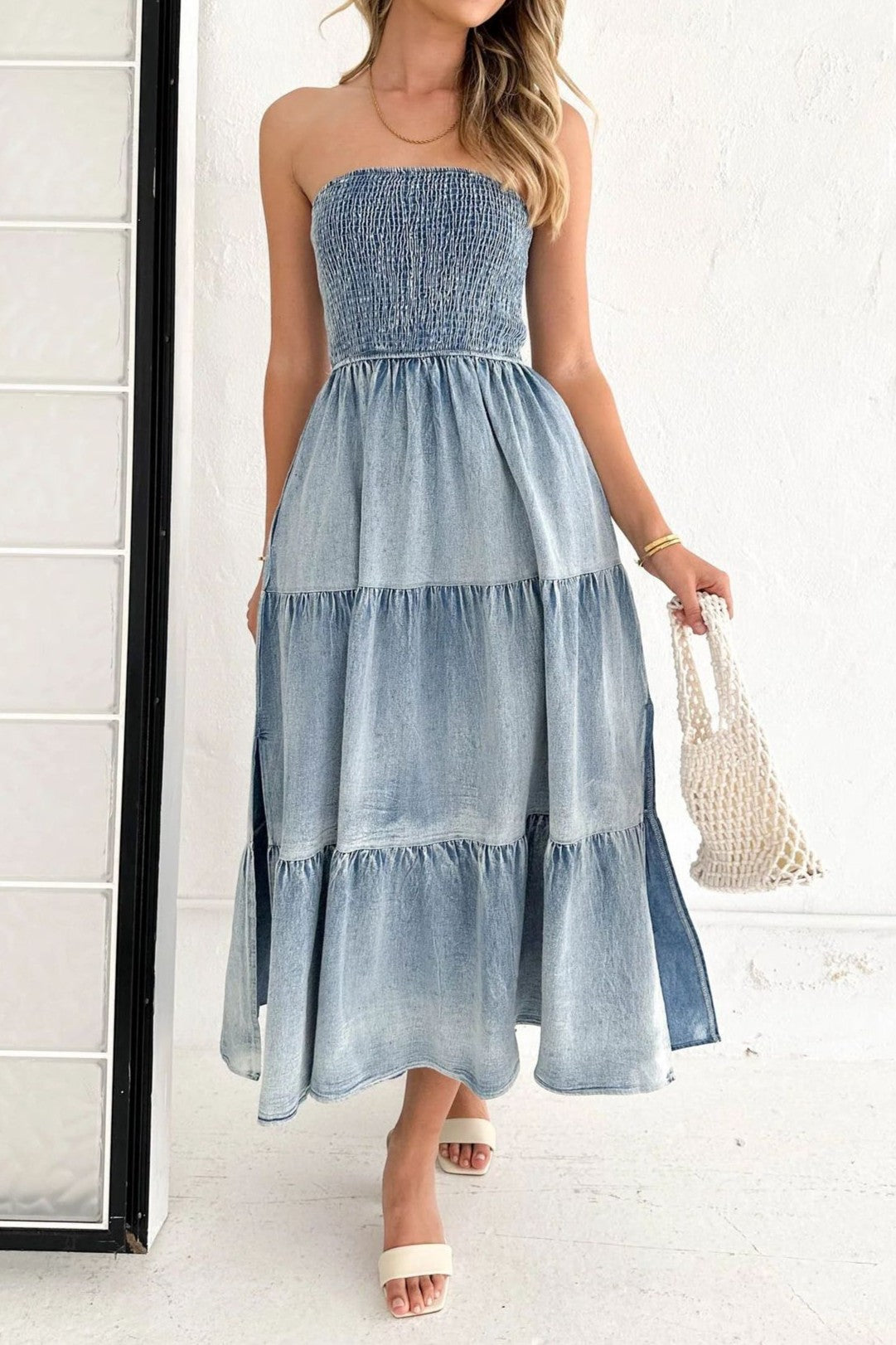 Strapless Side Slit Layered Denim Dress Lavish Daily