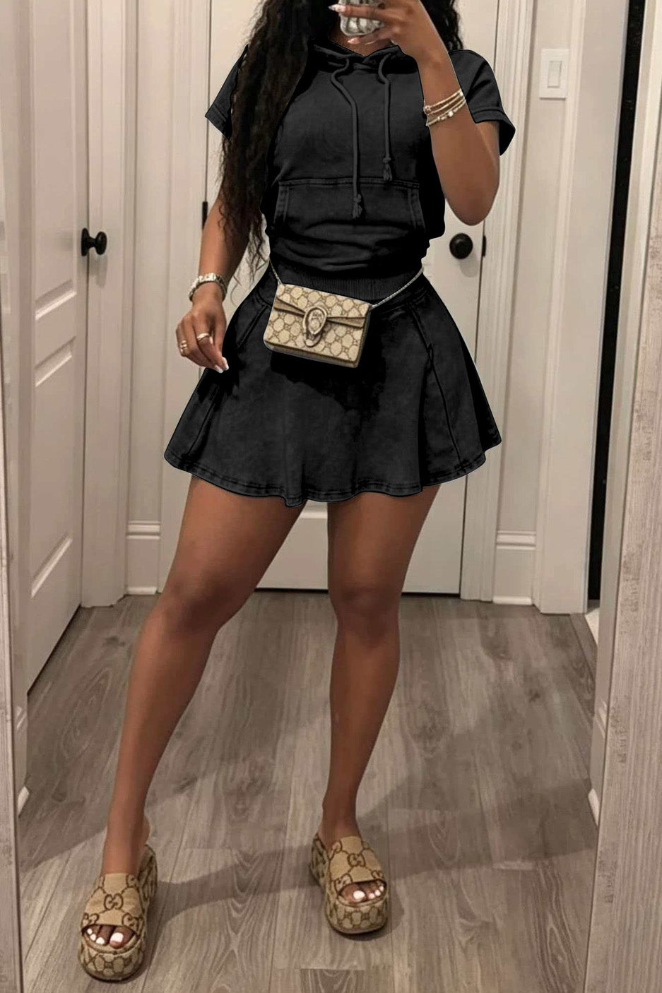 Mineral Wash Short Sleeve Hoodie & Skater Skirt Set Lavish Daily