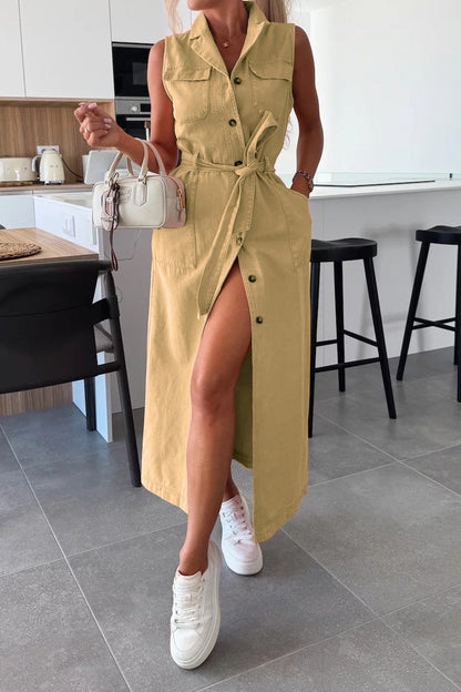 Sleeveless Belted Utility Maxi Shirt Dress Lavish Daily