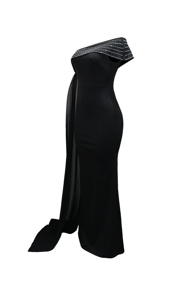 Rhinestone Cape One Shoulder Maxi Dress Lavish Daily