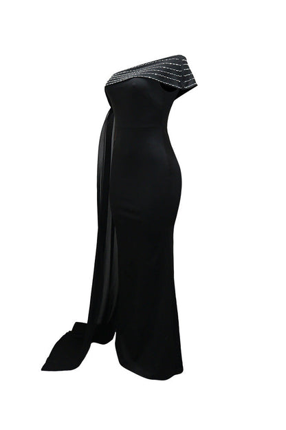 Rhinestone Cape One Shoulder Maxi Dress Lavish Daily