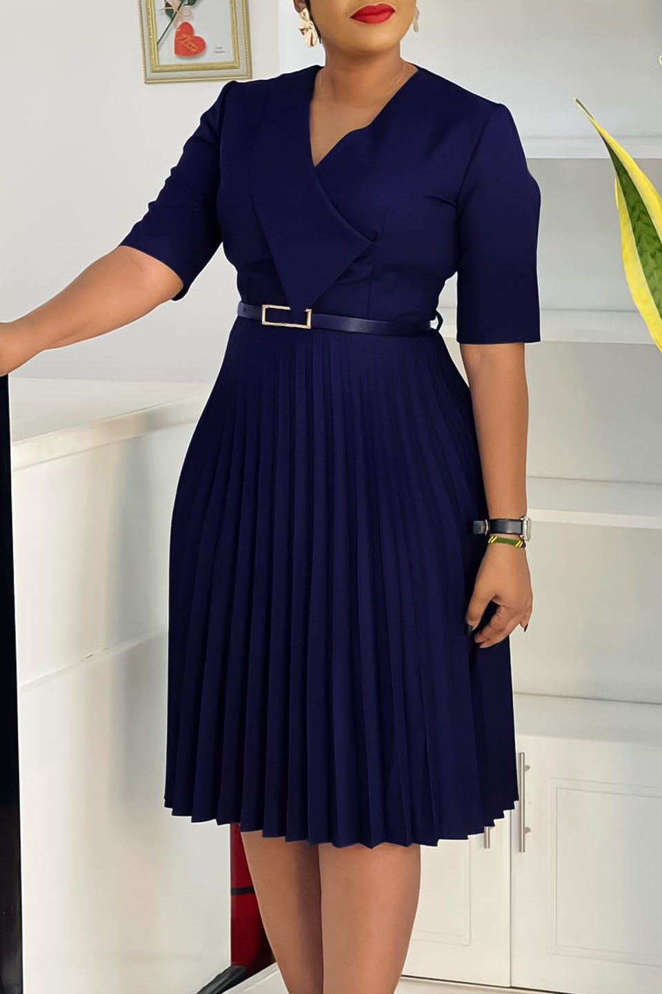 Solid Belted Pleated Dress Lavish Daily