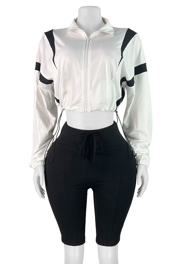 Long Sleeve Zipper Stretch High-waisted Short Set Lavish Daily