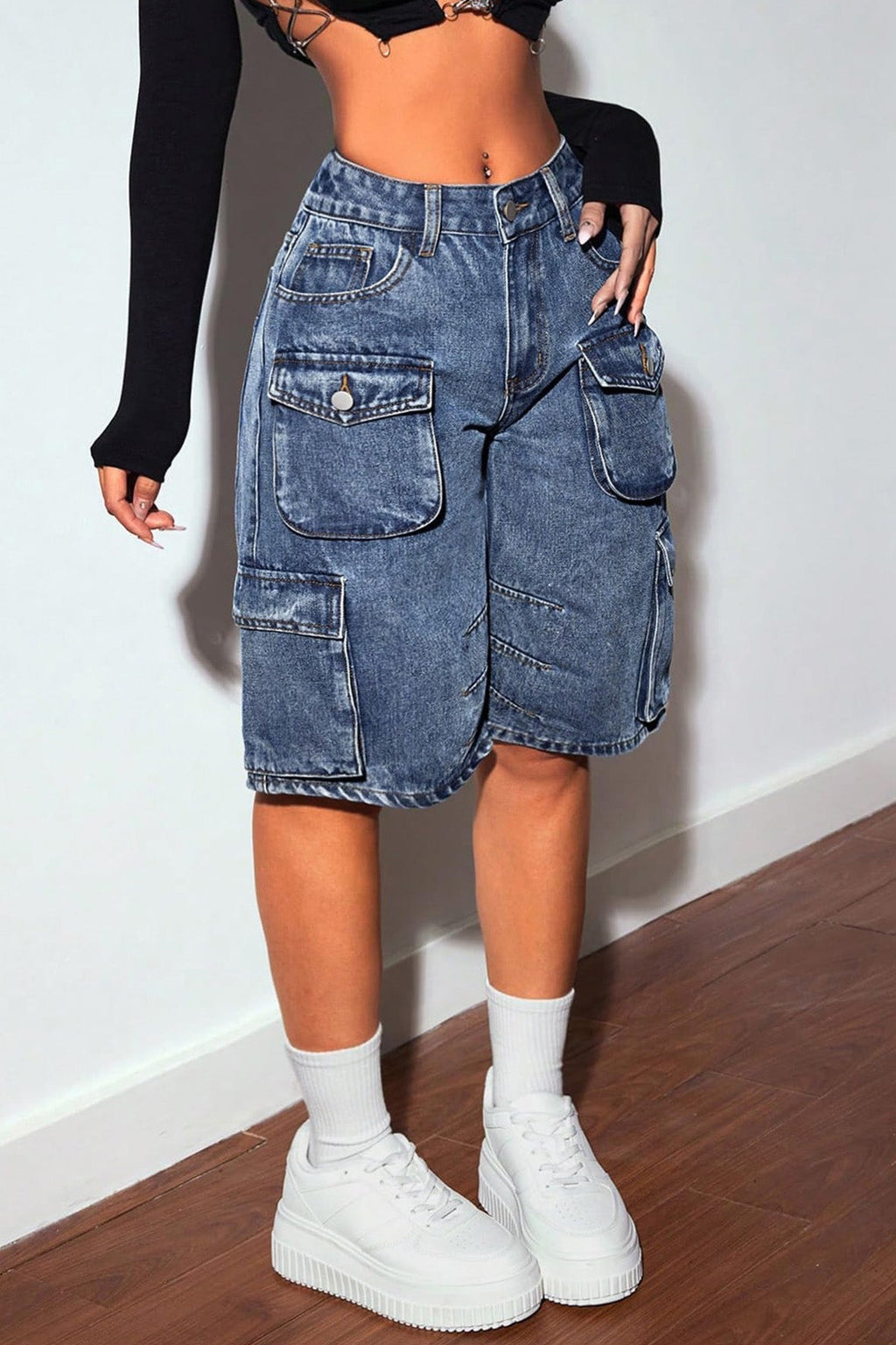 Knee-Length Casual Multi-Pocket Jeans Lavish Daily