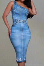 Denim Print Midi Dress Lavish Daily