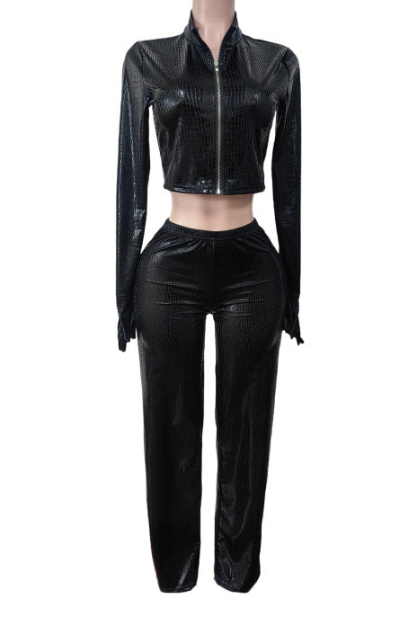 Zip-Front Faux Leather Jacket & Pants Set Lavish Daily