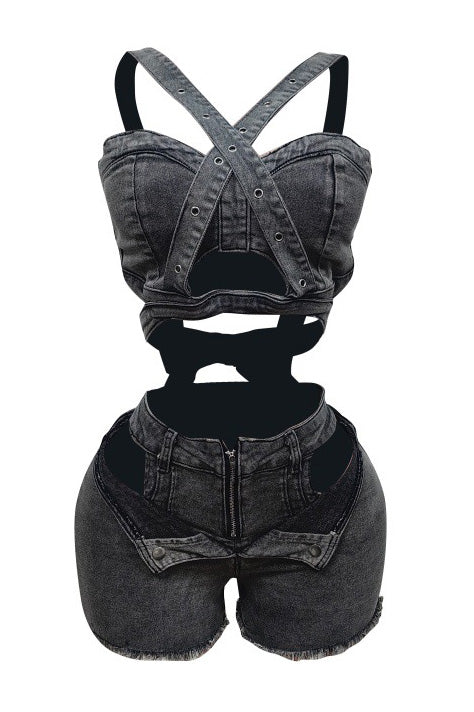 Denim Top & Cut Out Shorts Set Lavish Daily