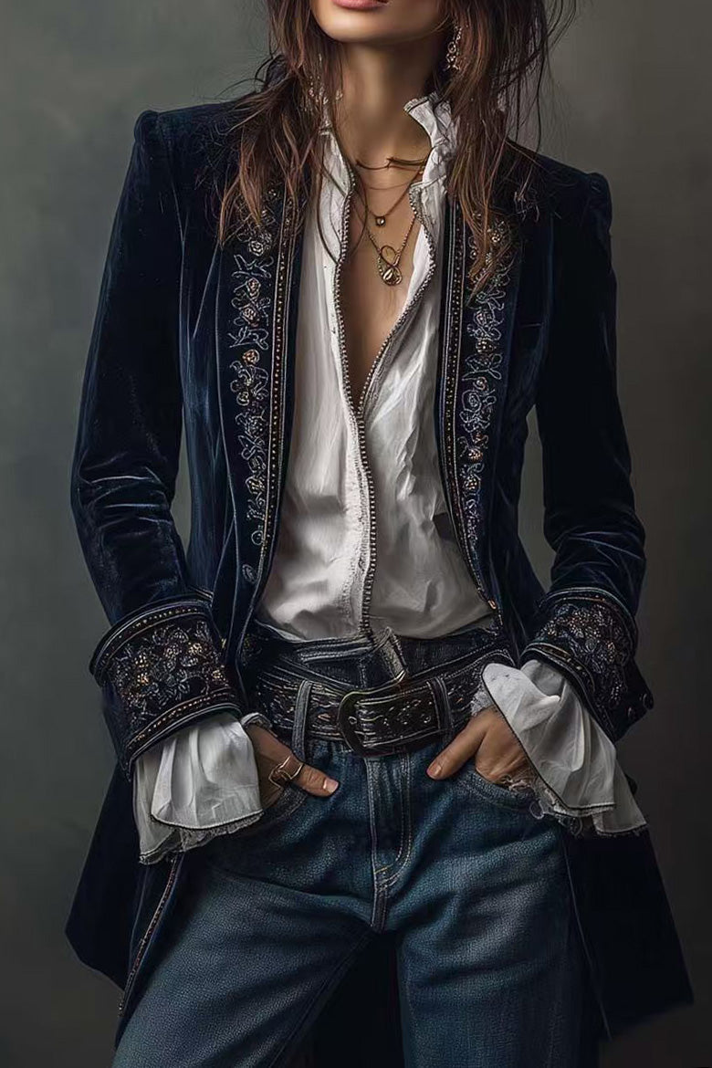 Velvet Embroidered Long Jacket LavishDaily