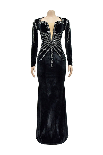 Rhinestone Plunge Illusion Velvet Maxi Dress Lavish Daily