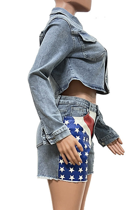 Casual Denim Set with Flag Print for Women Lavish Daily