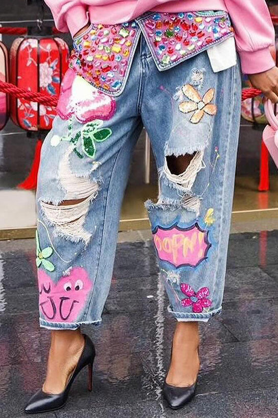 Embroidered Rhinestone Ripped Jeans Lavish Daily