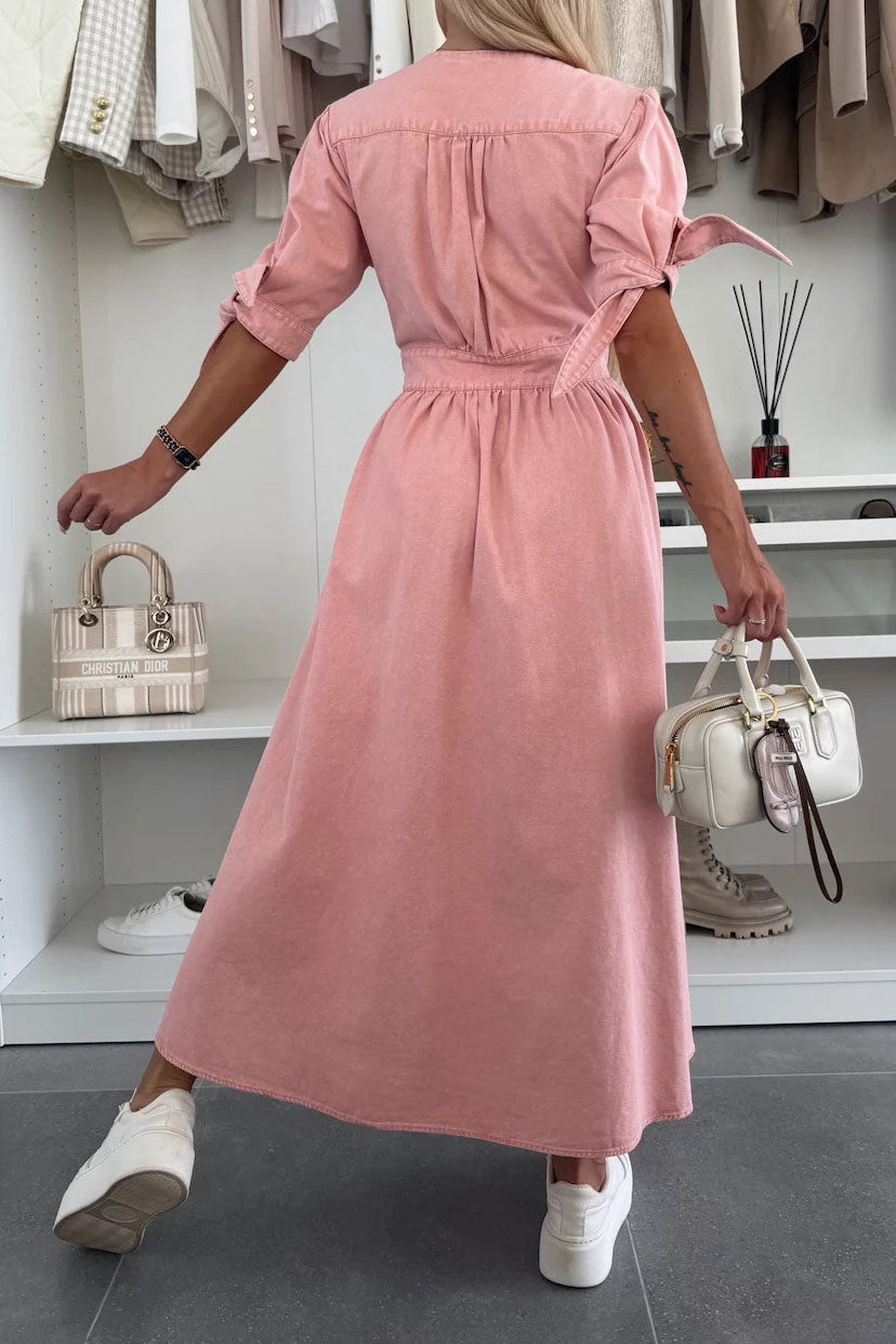 Single-Breasted V-Neck Denim Dress Lavish Daily
