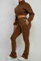 Fleece Crop Top and Flare Pants Set Lavish Daily