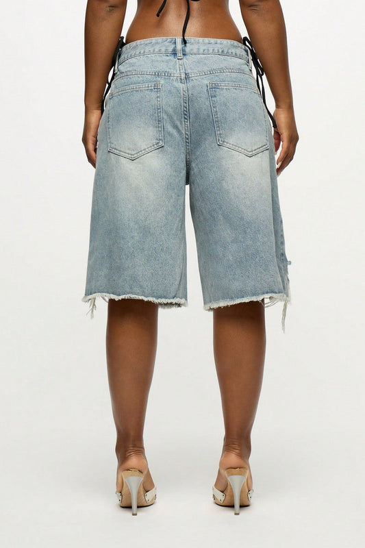 Oversized Grommet Distressed Long Shorts Lavish Daily