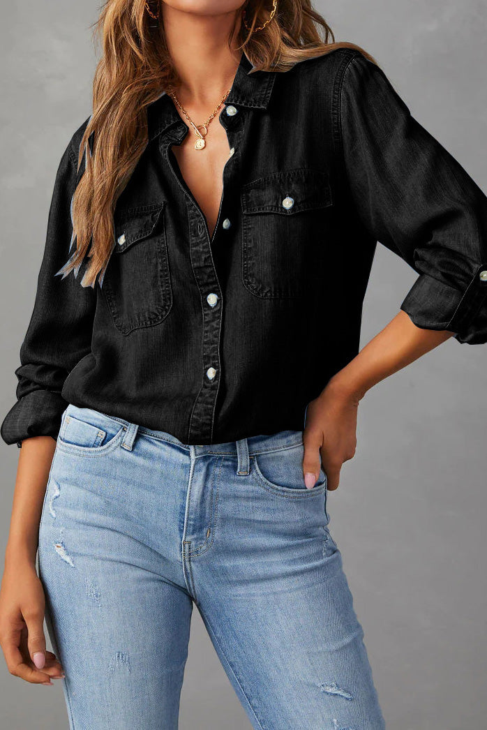 Classic Roll-Tab Sleeve Denim Button-Down Lavish Daily