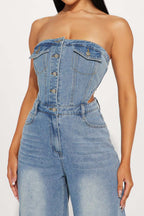 Strapless Slim Top Wide-Leg Denim Jumpsuit Lavish Daily