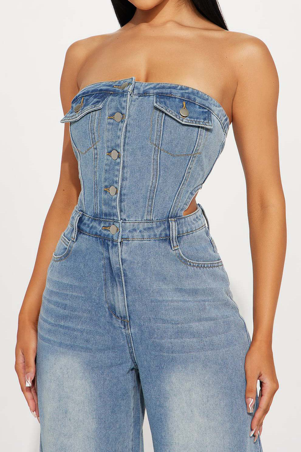 Strapless Slim Top Wide-Leg Denim Jumpsuit Lavish Daily