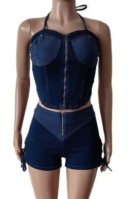 Fashion Straps Denim Set - Casual Shorts Lavish Daily