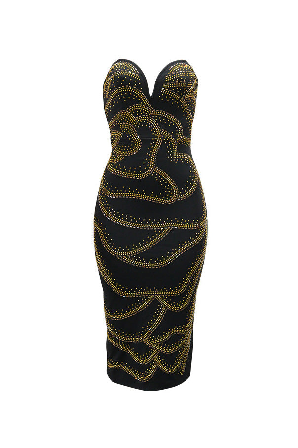 Strapless Rhinestone Bodycon Midi Dress Lavish Daily