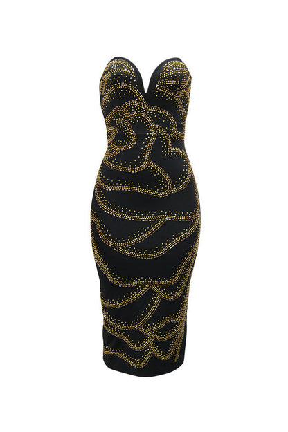 Strapless Rhinestone Bodycon Midi Dress Lavish Daily